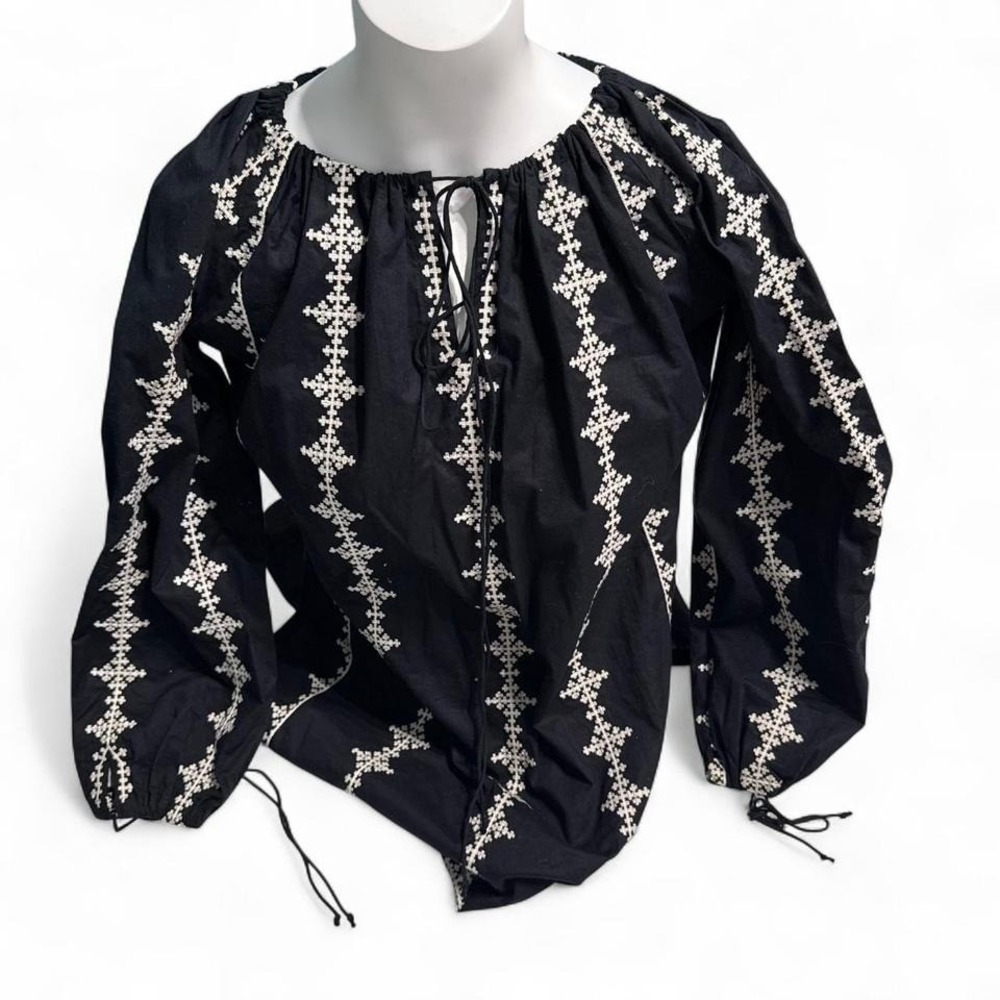 Black‎ White Embroidered Peasant Blouse Boho Folk Cotton Tie Neck Top